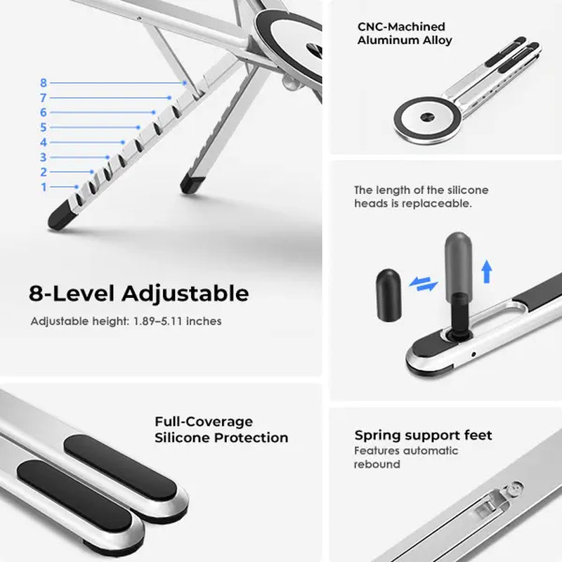 Viozon Portable Adjustable Laptop Stand with Magnetic Phone Holder - Foldable Aluminum Riser for 10-16” Laptops and 4-13” Phones/Tablets (Silver) - Ideal for Back to School