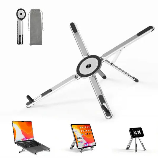 Viozon Portable Adjustable Laptop Stand with Magnetic Phone Holder - Foldable Aluminum Riser for 10-16” Laptops and 4-13” Phones/Tablets (Silver) - Ideal for Back to School