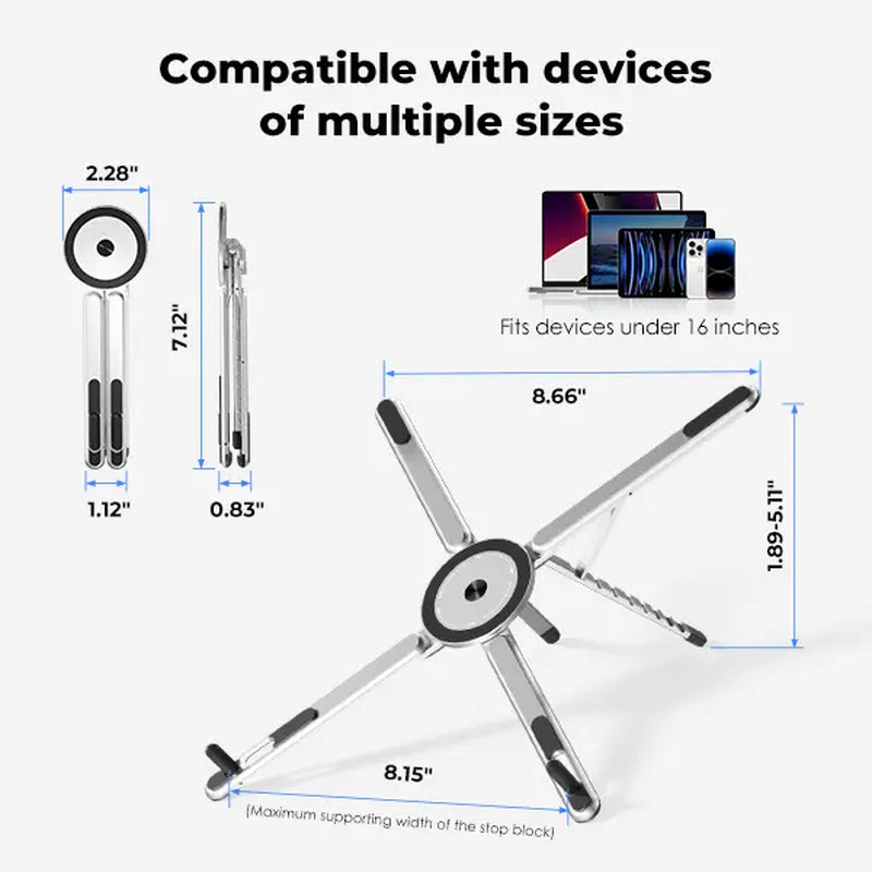 Viozon Portable Adjustable Laptop Stand with Magnetic Phone Holder - Foldable Aluminum Riser for 10-16” Laptops and 4-13” Phones/Tablets (Silver) - Ideal for Back to School